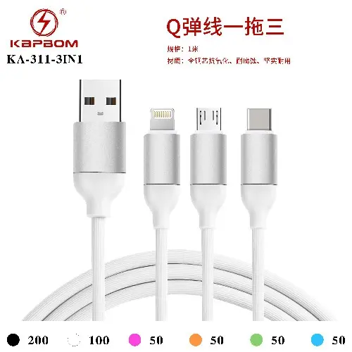 Cabo de Dados 3em1 5G/TY/V8 1m KA-311-3IN1 Caixa C/500