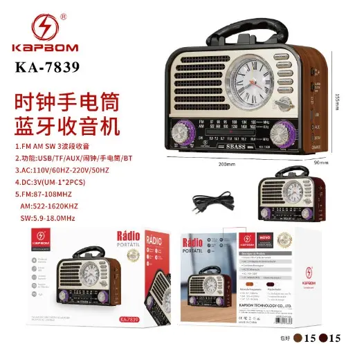 [KA-7839] Rádio com Relógio com 3 Band AM/FM/SW Bluetooth KA-7839 Caixa C/30