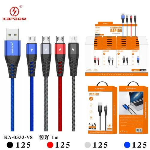 [KA-0333-V8] Cabo de Celular V8 4.8A 1m (EMBALADO)  KA-0333-V8 Caixa C/500