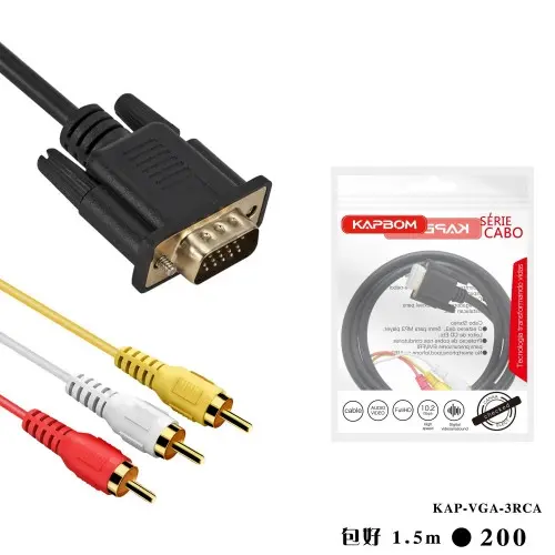 [KAP-VGA-3RCA] Cabo 1,5m VGA 3RCA (EMBALADO) KAP-VGA-3RCA Caixa C/200